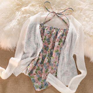 Floral Print Halter Top / Plain Light Cardigan