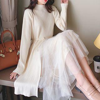 Set: Plain Long-sleeve Long Knit Top + Mesh Midi A-line Skirt