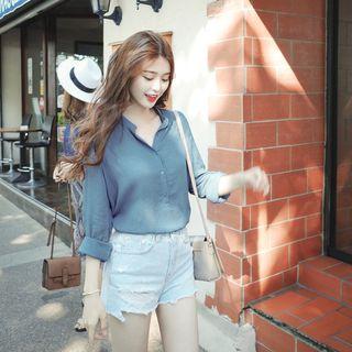 Long-sleeved Stand Collar Cotton Plain Slim Blouse