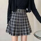 Belted Plaid Pleated Mini A-line Skirt