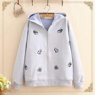 Faux Suede Cat Embroidered Hooded Zip Jacket