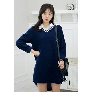 Stripe-trim V-neck Sweater Dress