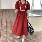 V-neck Flower Trim Lace-up Strap Puff-sleeve Dress