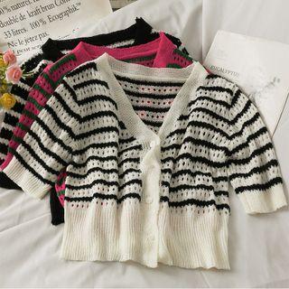 Eyelet Striped Button-up Light Knit Top