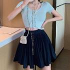 Set: Short-sleeve Ruffled Cropped T-shirt + A-line Skirt