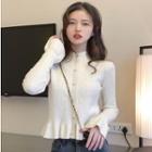 Long-sleeve Mock-neck Button Knit Top