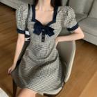 Short-sleeve Plaid Bow Accent Mini A-line Dress
