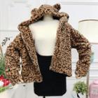 Leopard Print Ear Accent Hooded Furry Jacket
