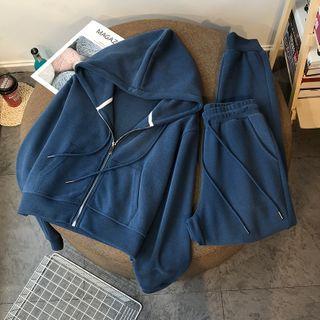 Set: Plain Hooded Zip Sweatshirt + Drawstring Waist Sweatpants