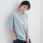 Lace-trim Stripe Panel T-shirt