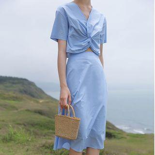 Set: Tie-front Short-sleeve Top + A-line Midi Skirt
