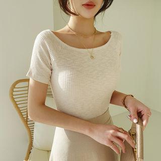 Scoop-neck Slim Rib Top Cream - One Size