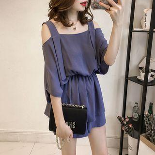 Set: Cold Shoulder Blouse + Wide-leg Shorts