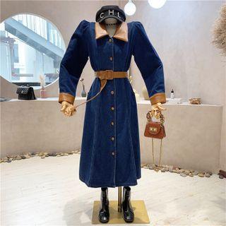 Long-sleeve Lapel Faux Leather Panel Denim Dress