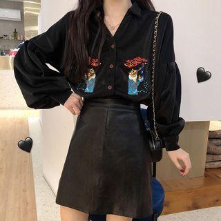 Lantern-sleeve Embroidered Blouse / Faux Leather Mini A-line Skirt