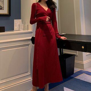 Midi Wrap Knit Dress Red - One Size