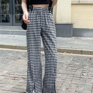 Gingham Slit Straight Leg Pants