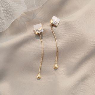 Rhinestone Square Dangle Earring 1 Pair - E2053 - Silver - Tassel - Cube - One Size