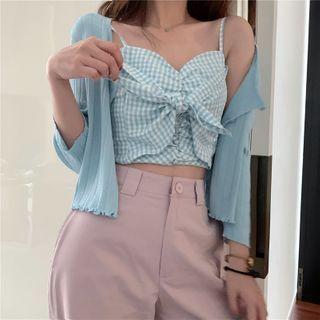 Gingham Cropped Camisole / 3/4-sleeve Cardigan