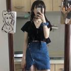 Short-sleeve Blouse / Mini Fitted Denim Skirt