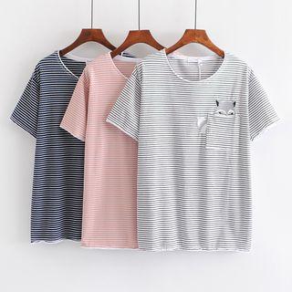 Short-sleeve Cartoon Striped Pocket T-shirt