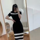 Short-sleeve Striped Slim Fit Knit Dress Black - One Size
