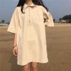 Plain Elbow-sleeve Polo Dress Almond - One Size