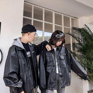 Lettering Faux Leather Zip Coat