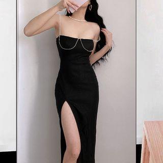 Spaghetti-strap Rhinestone Slit Midi Sheath Dress