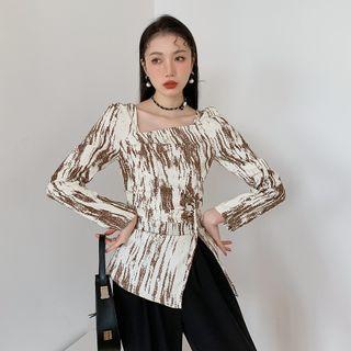 Long-sleeve Marble Print Asymmetrical Slit Top