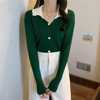 Long-sleeve Peter Pan Collar Button-up Knit Top
