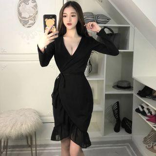 Long-sleeve V-neck Ruffle-trim Mini Dress