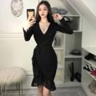Long-sleeve V-neck Ruffle-trim Mini Dress