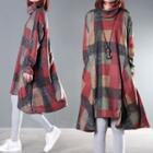 Mock Neck Long-sleeve Midi Plaid Dress