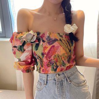 Puff-sleeve Off-shoulder Asymmetrical Shirred Top Red & Pink - One Size