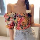 Puff-sleeve Off-shoulder Asymmetrical Shirred Top Red & Pink - One Size