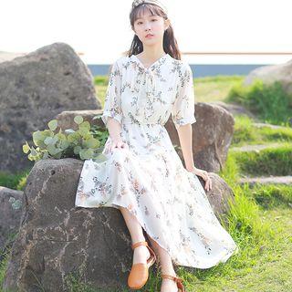 Floral Print Short-sleeve Tie-neck Chiffon Dress