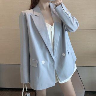 Belted Double-breasted Blazer / Spaghetti Strap Mini Dress