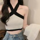 Halter Two-tone Knit Crop Top White - One Size