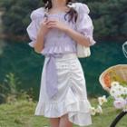 Short-sleeve Floral Blouse / Ruffle Mini A-line Skirt