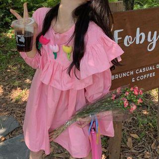 Long-sleeve Ruffled Dress Pink - One Size