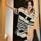 Short-sleeve Collar Striped T-shirt / Mini Dress