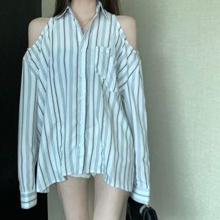 Striped Cold-shoulder Shirt White - One Size