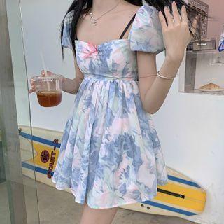 Puff-sleeve Tie-dye Mini A-line Dress Blue Floral - White - One Size