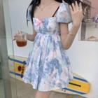 Puff-sleeve Tie-dye Mini A-line Dress Blue Floral - White - One Size