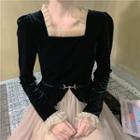 Long-sleeve Velvet Midi A-line Mesh Dress