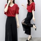 Set: Elbow-sleeve Ruffled Top + Lace Paneled Wide-leg Pants