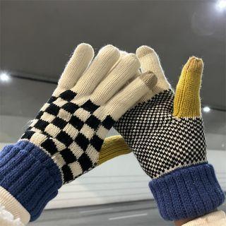 Check Color Block Knit Gloves