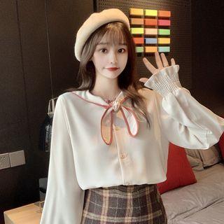 Tie Neck Blouse Shirt - White - One Size