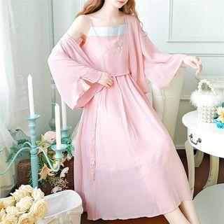 Set: Embroidered Camisole Top + Midi A-line Skirt + Light Jacket